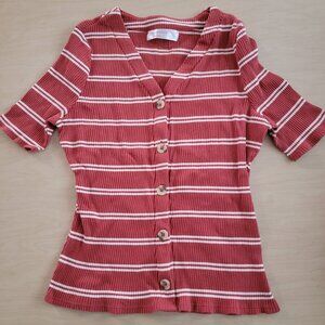 No Boundaries Ribbed Button Striped V-Neck Top Juniors Large 11-13
